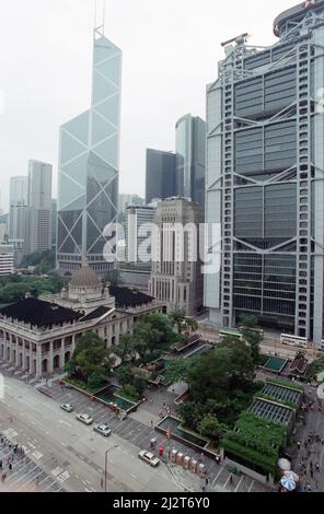 Feature on Hong Kong as former Conservative politician Chris Patten, who lost his Bath seat in the 1992 General election, takes up his post as the 28th and last Governor of Hong Kong. General view of the skyscrapers of Central, Hong Kong including the Bonk of China Tower in the Financial District. 9th July 1992. Stock Photo