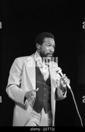 Marvin Gaye performing at the Bingley Hall, Birmingham, England in 1976. Stock Photo