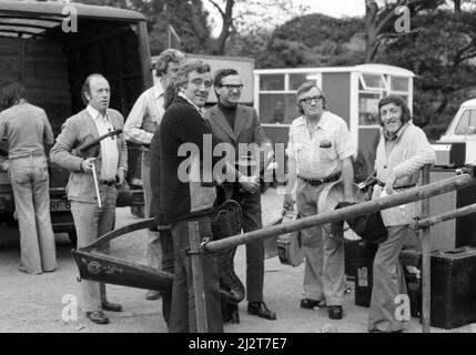Irish folk band The Chieftains waiting to go on stage at the July Wakes folk festival in Chorley, Lancashire, England on 25 July 1976. Stock Photo