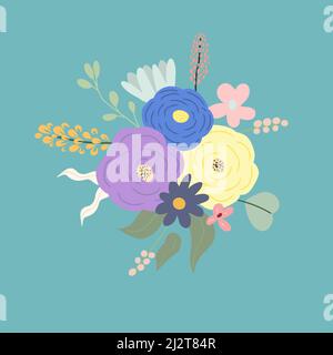 Blooming wild flowers, leaves and berries. Botanical floral composition of blossomed meadow plants. Colored flat vector illustration of beautiful Stock Vector