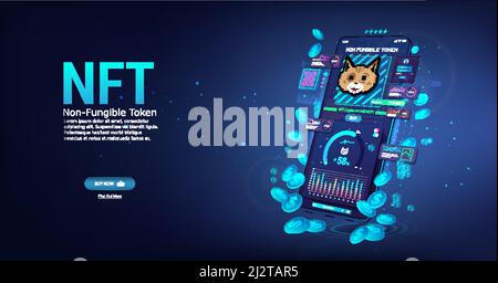 Buy NFT Crypto Token with Mobile Phone App. Banner Non-fungible token Stock Vector