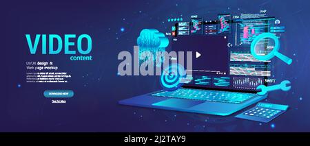 Video content on 3D laptop with interface program Stock Vector