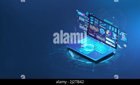 Online application on blue laptop with data analysis, charts and graphics Stock Vector