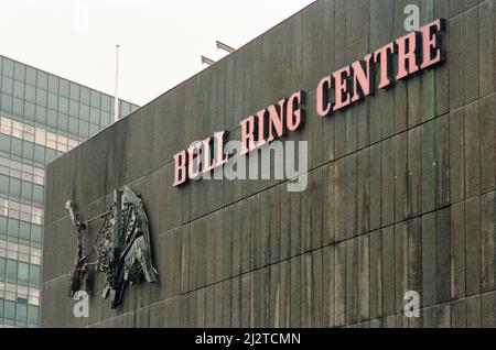 General view of the Bull Ring shopping centre in Birmingham, showing one of the bull sculptures on the exterior of the building which was damaged during a storm. The sign is on the approach road to New Street Station. 11th June 1993. Stock Photo