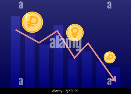 Russian ruble currency drop chart. Rouble coins falls. Ruble graph decreases. Arrow down and diagram. Crash of Russian currency. Vector illustration. Stock Vector
