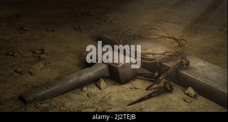 Jesus Crown Of Thorns and cross on ground cinematic banner in high resolution Stock Photo