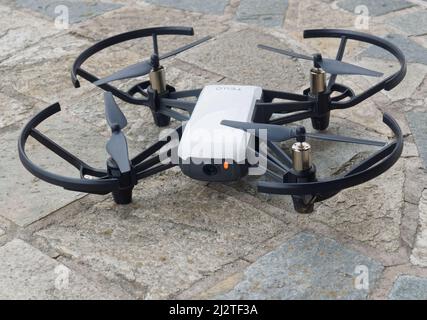 Toy drone sitting on an outdoor table. Quebec,Canada Stock Photo