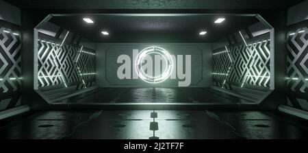 Technology Schematic Futuristic Showroom Or Hall Space Age Neon Glowing with Dark Slate Gray Colors Concept Art Alien Concept Used For Clubs 3D Illust Stock Photo