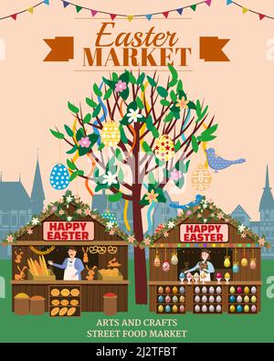 Easter Market poster, Holiday City Spring Fair. Easter Tree wooden stalls decorated flowers, colored Easter eggs, bunny, baking. Europe architecture Stock Vector