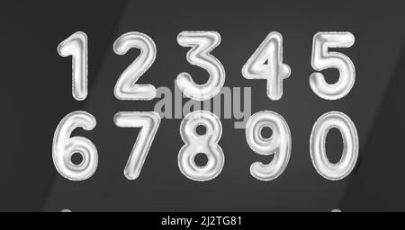 3D silver balloons numbers 0 to 9 in realistic style Stock Vector