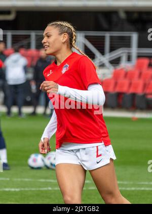 WASHINGTON, DC, USA - 15 MAY 2022: Washington Spirit forward Trinity Rodman  (2) winds up for a shot on goal during a NWSL match between the Washington  Spirit and Angel City FC