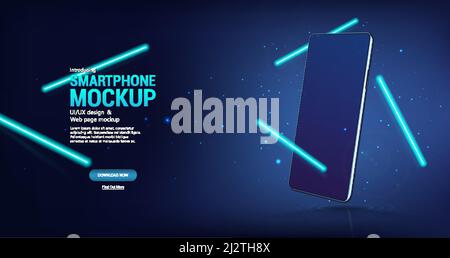 Modern neon background with Mockup smartphone in perspective. Realistic 3D cellphone Stock Vector