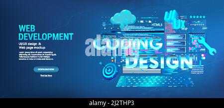 3D elements with coding and design development Web and App Stock Vector