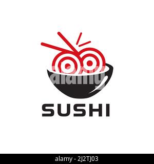 Sushi logo in a bowl Chopsticks Swoosh Bowl Oriental Japan Cuisine, Japanese Sushi Seafood logo design inspiration Stock Vector