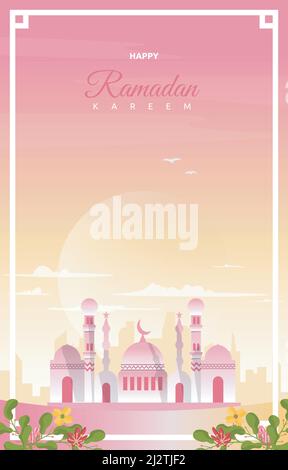 Ramadan Kareem Greeting Card Mosque Night Sky Vector Design Template Stock Vector