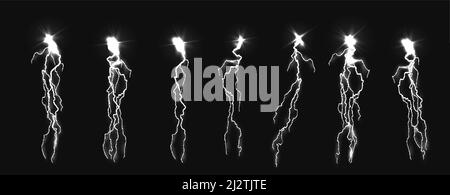 Set of white lightning bolts with flash, light sparkle and thunderstorm effect Stock Vector