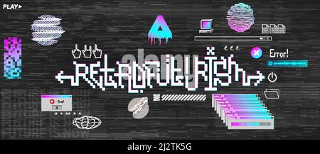 Retrowave shapes ,flat UI, UX and Pixel lettering art - Retrofuturistic Stock Vector