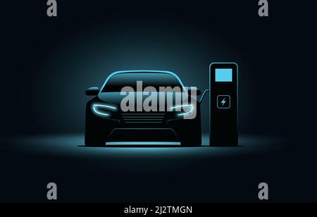 Electric car ev charge station vector concept. Electric vehicle charger energy background neon battery illustration Stock Vector