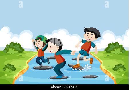 Kids playing red light green light game illustration Stock Vector