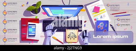 Workspace with robot hands working on computer keyboard top view. Infographics banner with ai chat bot cyborg at desk with computer screen, stationary Stock Vector