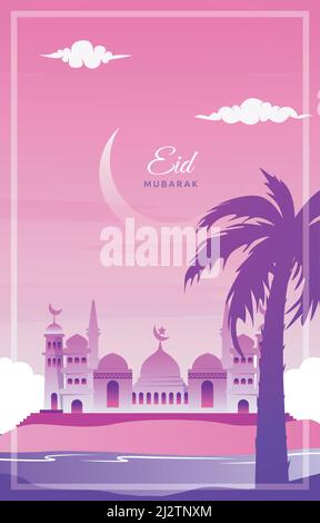 Eid Mubarak Greeting Card Mosque Night Sky Vector Design Template Stock Vector