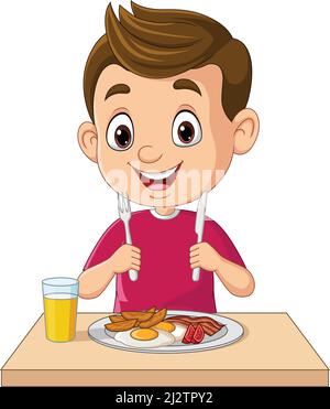 Cartoon little boy eating breakfast Stock Vector