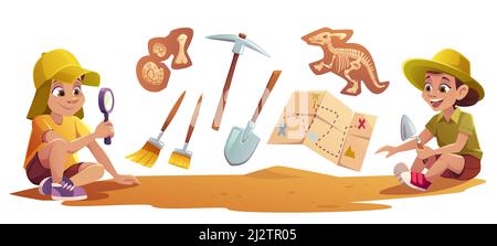 Kids playing in archaeologists working on paleontology excavations digging soil with shovel and exploring artifacts with magnifying glass. Children st Stock Vector