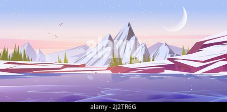 Nordic landscape with mountains and river at night. Vector cartoon ...