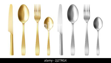 3d cutlery of golden and silver color fork, knife and spoon set. Silverware and gold utensil, catering luxury metal tableware top view. isolated on wh Stock Vector