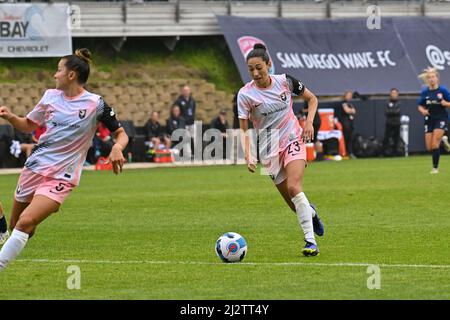 San Diego, California, USA. 02nd Apr, 2022. Angel City FC forward Christen Press (23) during a NWSL Challenge Cup soccer match between the Angel City FC and the San Diego Wave FC at Torero Stadium in San Diego, California. Justin Fine/CSM/Alamy Live News Stock Photo