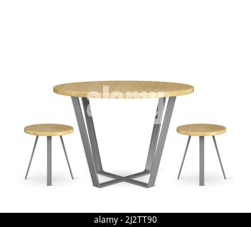 Round wooden table and circle chairs isolated on white background. Empty dining desk and pews with metal legs. restaurant, home, cafeteria furniture, Stock Vector