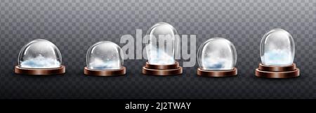 Realistic glass domes with snow, christmas globe souvenirs, isolated crystal semisphere containers on copper or brass base of various shape and size. Stock Vector