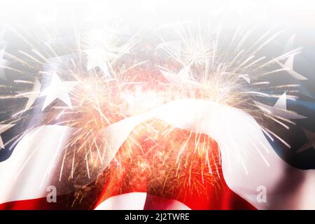 National holidays template banner. Background with waving flag of the USA and fireworks. Copy space. Stock Photo