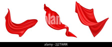 Flying red silk fabric isolated on white background. Vector realistic set of billowing velvet clothes, curtains or scarf in blowing wind. Luxury red t Stock Vector