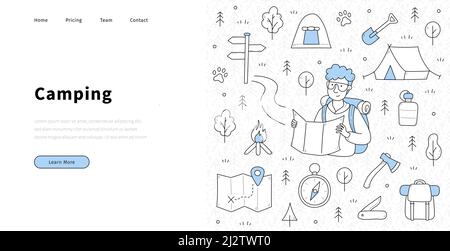 Camping banner with sketch man hiker with map and backpack. Vector landing page of travel, hiking and tourism with hand drawn icons of camp, tent, fire, trees, compass, signpost, and axe Stock Vector