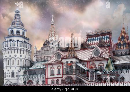 The iconic complex Kremlin in Izmailovo aka Izmailovsky Kremlin, a cultural center in Moscow, Russia in a winter snowy dask Stock Photo