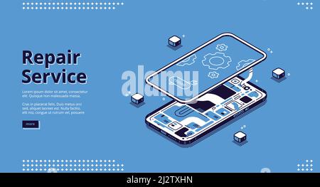 Repair service isometric landing page, disassembled mobile phone fixing, smashed smartphone with microcircuit and screen with gears, broken electronic Stock Vector