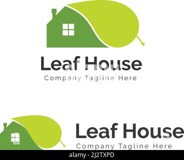 Creative Real Estate logo, green nature real estate logo, leaf real estate logo, negative space home logo icon mark Stock Vector