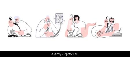 Set of people talking by retro phone. Stock Vector