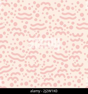 pink dots and waves on light beige, hand drawn seamless pattern in modern doodle style. Stock Vector