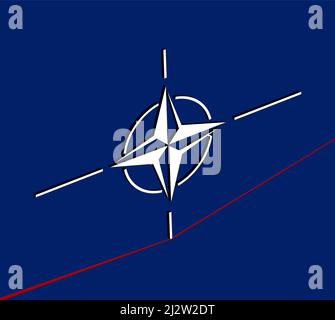 Brussels, Belgium - 24 March, 2022: Symbol of NATO trying to balance in red line, illustration of North Atlantic Treaty Organization also known as OTA Stock Vector