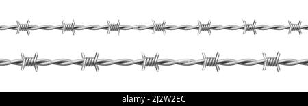 Steel barbwire set, twisted wire with barbs isolated on white background. Vector realistic seamless frame of metal chain with sharp thorns for prison Stock Vector