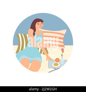 Round template with A young woman has breakfast in bed Stock Vector