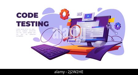 Code testing cartoon banner. Functional test, methodology of programming, search errors and bugs, website platform development, dashboard usability op Stock Vector