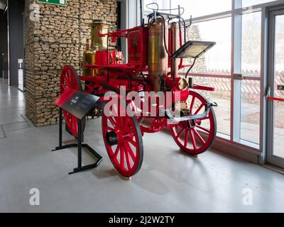 A horse drawn Fire engine for extinguishing fires built by Merryweather in 1880 for Gateshead council displayed at NRM Shildon Stock Photo