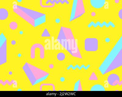 3d and 2d geometric shapes seamless pattern in 80s style. Memphis style elements with geometric shapes and vibrant colors. Design for promotional prod Stock Vector