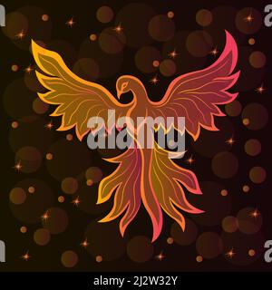 Silhouette of charming phoenix in orange-pink hues on a dark brown background with stars and transparent circles Stock Vector