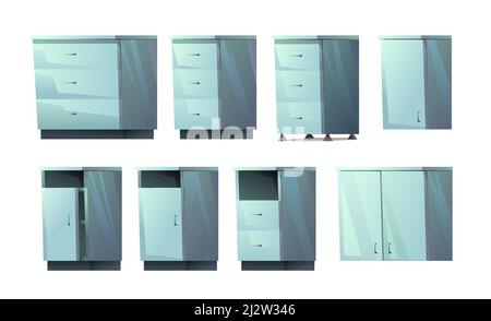 Set of kitchen cabinets with drawers. Floor and wall. With doors and niches. Cartoon style. Object isolated on white background. Vector. Stock Vector