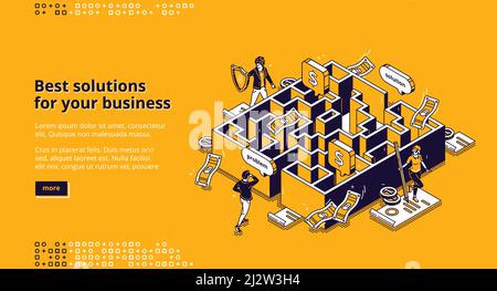 Best business solutions isometric landing page, businessman looking for way to solve problem through maze, employee passing labyrinth, challenge overc Stock Vector