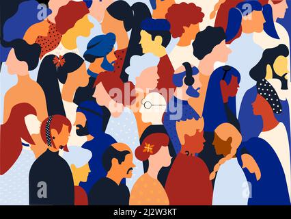 Flat illustration of a crowd containing inclusive and diversified people all together without any difference. Stock Vector